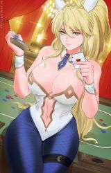Rule 34 | 1girl, 2019, ahoge, animal ears, artist name, artoria pendragon (fate), artoria pendragon (lancer) (fate), bare shoulders, blonde hair, blush, braid, breasts, card, casino, cleavage, commentary, crown, fake animal ears, fate/grand order, fate (series), female focus, fishnet pantyhose, fishnets, french braid, green eyes, hair between eyes, highres, holding, large breasts, leotard, long hair, looking at viewer, nail polish, navel, pantyhose, playboy bunny, playing card, poker chip, rabbit ears, sciamano240, sidelocks, signature, sitting, smile, solo, thigh strap, white leotard