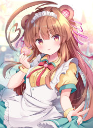 Rule 34 | 1girl, ahoge, alternate costume, animal ears, apron, bad id, bad pixiv id, bear ears, blurry, blurry background, blush, brown hair, commentary request, dress, food, hair ribbon, highres, holding, holding food, huge ahoge, kantai collection, kuma (kancolle), long hair, maid apron, maid headdress, masayo (gin no ame), neck ribbon, pink eyes, red ribbon, ribbon, short sleeves, skirt hold, solo, tongue, upper body, v, waitress, white apron, wrist cuffs