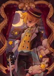 Rule 34 | 1boy, absurdres, black gloves, black hat, black jacket, blazer, blonde hair, bow, bowtie, cane, cloud, dress shirt, gloves, green eyes, grin, hat, highres, holding, holding cane, jacket, kagamine len, male focus, night, night sky, open mouth, pointy ears, red curtains, shirt, short hair, sky, sleeves rolled up, smile, solo, star (symbol), striped clothes, striped vest, tricker (module), twitter username, vertical-striped clothes, vertical-striped vest, vest, vocaloid, white shirt, yakiorochie1106, yellow bow, yellow vest, yumekui shirokuro baku (vocaloid)