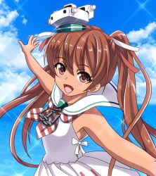 Rule 34 | 10s, 1girl, anchor, bare shoulders, blush, brown eyes, brown hair, cloud, cloudy sky, dark skin, dark-skinned female, day, dress, fang, hair ribbon, highres, kantai collection, libeccio (kancolle), light particles, long hair, looking at viewer, open mouth, outstretched arms, ribbon, sailor dress, school uniform, shirt, sky, sleeveless, sleeveless shirt, smile, solo, tk8d32, twintails