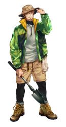 Rule 34 | 1boy, adjusting clothes, adjusting headwear, alternate costume, brown hair, brown shorts, casual, facial hair, fate/grand order, fate (series), full body, goatee, green jacket, hat, hector (fate), highres, holding, imoda, jacket, leggings, male focus, mature male, medium hair, open clothes, open jacket, ponytail, shirt, shoes, shorts, socks, solo, spade, white shirt