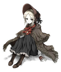 Rule 34 | 1girl, absurdres, black dress, blonde hair, bloodborne, bonnet, boots, brown footwear, capelet, cloak, closed mouth, commentary request, cross-laced footwear, doll joints, dress, expressionless, flower, full body, hair between eyes, hat, highres, joints, lace-up boots, long sleeves, looking at viewer, plain doll, red flower, rose, shimoda masaya, short hair, sitting, sleeves past wrists, solo, white background