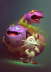 Rule 34 | :d, cassio yoshiyaki, commentary, creature, creatures (company), ekans, english commentary, fangs, finger to own chin, game freak, gen 1 pokemon, gradient background, grass, hand on own hip, koffing, looking at viewer, looking up, meowth, nintendo, no humans, open mouth, pokemon, pokemon (creature), smile, smoke, snake, standing, tongue