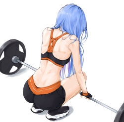 Rule 34 | 1girl, ass, bae minah (chaesu), blue hair, chaesu, exercising, facing away, fingerless gloves, from behind, gloves, shoes, shorts, solo, sports bra, squatting, tagme, weightlifting