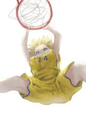 Rule 34 | 1girl, azura (azuart0), basketball hoop, basketball jersey, basketball uniform, blonde hair, blue eyes, breasts, commentary, cosplay, english commentary, floating hair, from below, highres, hololive, hololive english, indiana pacers, jersey, jumping, large breasts, looking at viewer, looking down, paul george, paul george (cosplay), shirt, short hair, shorts, simple background, slam dunk (basketball), solo, sportswear, virtual youtuber, watson amelia, white background, yellow shirt, yellow shorts