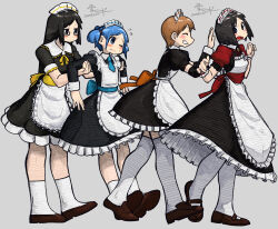 4girls absurdres aioi_yuuko black_hair blue_eyes blue_hair blue_necktie blue_ribbon blush bone_nigi brown_eyes brown_hair closed_eyes closed_mouth dress frilled_bracelet frilled_dress frills full_body glasses grey_background hands_up highres kneehighs long_hair looking_at_another maid maid_headdress minakami_mai multiple_girls naganohara_mio necktie nervous_sweating nichijou one_eye_closed open_mouth orange_ribbon profile red_ribbon ribbon shinonome_nano shoes short_hair simple_background smile socks sweat white_socks winding_key yellow_ribbon