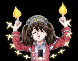 Rule 34 | 10s, 1girl, black background, brown hair, cellphone, doyagao, eyebrows, closed eyes, fire, glowing, japanese clothes, kantai collection, kariginu, long sleeves, magatama, onmyouji, outline, parted lips, phone, ryuujou (kancolle), samsung, samsung galaxy note 7, shikigami, simple background, smartphone, smug, solo, tawawa challenge, tk8, tk8d32, twintails, upper body, visor cap, white outline, yaranaika