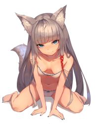 Rule 34 | 1girl, animal ear fluff, animal ears, barefoot, blue eyes, blue nails, blush, bra, breasts, character request, closed mouth, collarbone, commentary request, fingernails, fox ears, fox tail, full body, grey hair, hair ornament, hair ribbon, highres, long hair, looking at viewer, munuu, nail polish, navel, off shoulder, original, panties, red ribbon, ribbon, simple background, sitting, small breasts, solo, strap slip, tail, thick eyebrows, toenail polish, toenails, underwear, underwear only, very long hair, wariza, white background, white bra, white panties