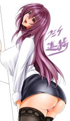 Rule 34 | 1girl, ass, black skirt, black thighhighs, blush, breasts, casual, cowboy shot, fate/grand order, fate (series), from side, highres, large breasts, long hair, long sleeves, looking at viewer, no panties, open mouth, pencil skirt, purple eyes, purple hair, scathach (fate), see-through, shirt, simple background, size hermitage, skirt, solo, thighhighs, upper body, white background, white shirt