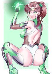 Rule 34 | 1girl, absurdres, arion canvas, ass, bishoujo senshi sailor moon, bodysuit, breasts, brown hair, from behind, gloves, green eyes, highres, large breasts, lightning, lightning glare, looking at viewer, looking back, magical girl, ponytail, sailor jupiter, skin tight, smile, solo, taimanin suit