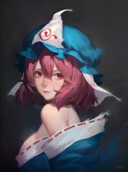 Rule 34 | 1girl, absurdres, artist name, bare shoulders, black background, blue hat, breasts, closed mouth, detached sleeves, dissolving clothes, from side, hair between eyes, hat, highres, japanese clothes, large breasts, light smile, looking at viewer, mob cap, pink eyes, pink hair, red ribbon, ribbon, ribbon trim, saigyouji yuyuko, short hair, sideboob, sola7764, solo, touhou, triangular headpiece, upper body