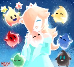 Rule 34 | 1girl, ^ ^, arms up, artist name, bare shoulders, black eyes, blank eyes, blonde hair, blue background, blue dress, blue eyes, closed eyes, colored skin, crown, dress, female focus, floating, glowing, hair flaps, hair over one eye, hands up, happy, holding, hug, hungry luma (super mario galaxy), lipstick, long hair, long sleeves, lowres, luma (mario), makeup, mario (series), mini crown, nintendo, no mouth, off-shoulder dress, off shoulder, one eye covered, open mouth, own hands together, parted lips, rosalina, sarukaiwolf, sidelocks, signature, smile, solid oval eyes, star (sky), super mario galaxy, teeth, u u, upper body, white headwear, white skin