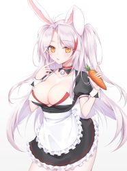 Rule 34 | 1girl, alternate costume, animal ears, apron, azur lane, bell, black dress, breasts, brown background, brown eyes, carrot, cleavage, collar, collarbone, commentary, commission, dress, enmaided, food, frilled apron, frilled dress, frills, gradient background, hands up, highres, holding, holding food, jingle bell, kemonomimi mode, long hair, looking at viewer, maid, medium breasts, mole, mole on breast, multicolored hair, neck bell, parted bangs, pong (vndn124), prinz eugen (azur lane), puffy short sleeves, puffy sleeves, rabbit ears, red hair, short sleeves, silver hair, solo, streaked hair, two side up, very long hair, waist apron, white apron, white background, wrist cuffs