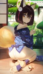 Rule 34 | 1girl, animal ear fluff, animal ears, architecture, ass, barefoot, blue archive, blue kimono, brown hair, east asian architecture, expressionless, feet, fox ears, from behind, full body, fundoshi, garden, halo, hand up, highres, indoors, izuna (blue archive), japanese clothes, kimono, kneeling, looking at viewer, looking back, off shoulder, orange eyes, petal print, pink halo, short hair, shouji, sliding doors, soles, solo, songchuan li, stone lantern, toes
