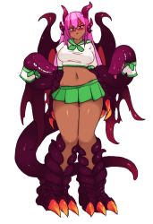 Rule 34 | 1girl, animal hands, arms at sides, blush, breasts, claws, closed mouth, commentary, dark-skinned female, dark skin, dragon girl, dragon horns, english commentary, extra mouth, full body, green neckwear, green skirt, hair between eyes, horns, jabberwock (monster girl encyclopedia), large breasts, long hair, looking at viewer, microskirt, midriff, monster girl, monster girl encyclopedia, navel, nose blush, pink hair, pleated skirt, pout, purple eyes, rtil, school uniform, second-party source, serafuku, shirt, simple background, skindentation, skirt, standing, stomach, tail, thick thighs, thighs, white background