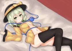 Rule 34 | 1girl, ass, black hat, black thighhighs, blush, breasts, cleavage, clenched hand, collared shirt, commentary request, convenient leg, green eyes, green hair, hair between eyes, hat, hat ribbon, heart, heart-shaped pupils, highres, knee up, komeiji koishi, long sleeves, looking at viewer, medium hair, navel, no bra, one-piece swimsuit, open clothes, open shirt, ribbon, ribbon-trimmed sleeves, ribbon trim, shirt, small breasts, smile, solo, stomach, swimsuit, symbol-shaped pupils, thighhighs, thighs, third eye, touhou, wide sleeves, yellow ribbon, yellow shirt, ys kosato