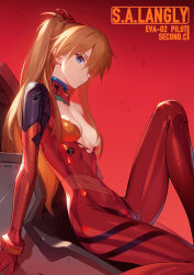 Rule 34 | 1girl, blue eyes, bodysuit, breasts, brown hair, character name, cockpit, commentary, convenient censoring, from side, gradient background, hair over breasts, hair over one breast, hair over one eye, highres, knee up, long hair, looking at viewer, looking to the side, neon genesis evangelion, one breast out, plugsuit, red background, red bodysuit, sideways glance, siino, single bare shoulder, sitting, skin tight, small breasts, solo, souryuu asuka langley, torn bodysuit, torn clothes, two side up, very long hair