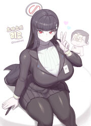 Rule 34 | 1boy, 1girl, absurdres, black hair, black halo, black jacket, black pantyhose, black skirt, blue archive, breasts, closed mouth, domaguri, doodle sensei (blue archive), halo, highres, jacket, large breasts, long hair, looking at viewer, pale skin, pantyhose, red eyes, rio (blue archive), sensei (blue archive), skirt, sweater, turtleneck, turtleneck sweater, twitter username, v, white sweater