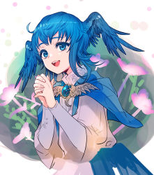 Rule 34 | 1girl, bird girl, blue capelet, blue eyes, blue hair, brooch, capelet, colored eyelashes, dress, feathered wings, final fantasy, final fantasy xiv, head wings, ito noizi, jewelry, long sleeves, meteion, open mouth, own hands clasped, own hands together, short hair, smile, solo, teeth, upper body, upper teeth only, white dress, wide sleeves, wings
