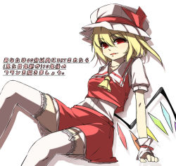 Rule 34 | 1girl, ascot, blonde hair, fang, female focus, flandre scarlet, garter straps, hat, hat ribbon, highres, low wings, open mouth, parted lips, red eyes, ribbon, shamo (koumakantv), short hair, side ponytail, simple background, skirt, skirt set, solo, thighhighs, touhou, translation request, white background, white thighhighs, wings, wrist cuffs