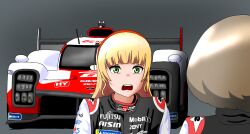 Rule 34 | 2girls, black jacket, blonde hair, brown hair, car, commentary request, grey background, hairband, heanna sumire, highres, jacket, le mans prototype, long hair, looking at another, love live!, love live! superstar!!, michelin, michelin man, motor vehicle, multiple girls, open mouth, race vehicle, racecar, racing suit, red hairband, short hair, tang keke, tearing up, toyota, toyota gazoo racing, toyota gr010, world endurance championship, yohakichi