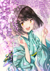 Rule 34 | 1girl, :d, blurry, blurry foreground, blush, brown hair, commentary request, depth of field, fingernails, flower, green kimono, hands up, japanese clothes, kimono, long sleeves, looking at viewer, miyabi akino, nail polish, obi, open mouth, original, petals, pink flower, pink nails, purple flower, round teeth, sash, see-through, smile, solo, teeth, upper body, upper teeth only, veil, wide sleeves, wisteria, yellow eyes