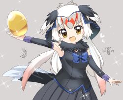 Rule 34 | 1girl, bird girl, bird tail, bird wings, black shirt, black skirt, black sleeves, black wings, blue bow, blue bowtie, blush stickers, bow, bowtie, breasts, commentary request, cowboy shot, detached sleeves, egg, fur collar, golden egg, grey background, head wings, holding, holding egg, kemono friends, lets0020, long hair, medium bangs, medium breasts, open mouth, ostrich (kemono friends), pleated skirt, shirt, simple background, skirt, sleeveless, sleeveless shirt, smile, solo, sparkle, tail, white hair, wings