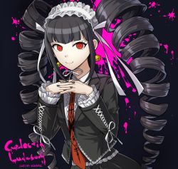 Rule 34 | 1girl, artist name, bell, bell earrings, black hair, black nails, blood, bonnet, celestia ludenberg, character name, claw ring, commentary request, danganronpa: trigger happy havoc, danganronpa (series), drill hair, earrings, frills, gothic lolita, hairband, jewelry, lolita fashion, long hair, looking at viewer, nail polish, necktie, pink blood, red eyes, red necktie, ribbon, simple background, smile, solo, songmil, twin drills, twintails, very long hair, white ribbon
