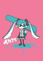 Rule 34 | 1girl, aqua eyes, aqua hair, bad id, bad twitter id, blue eyes, blue hair, boots, boushi-ya, cosplay, crossover, detached sleeves, hatsune miku, hatsune miku (cosplay), highres, inkling player character, long hair, matching hair/eyes, necktie, nintendo, paint roller, pointy ears, simple background, skirt, solo, splat roller (splatoon), splatoon (series), splatoon 1, tentacle hair, twintails, vocaloid