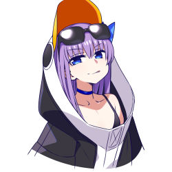Rule 34 | 1girl, animal hood, bare shoulders, bikini, black bikini, black jacket, blue bow, blue choker, blue eyes, blush, bow, breasts, chan co, choker, closed mouth, collarbone, eyewear on head, fate/grand order, fate (series), hair between eyes, hood, hood up, jacket, licking lips, long hair, long sleeves, looking at viewer, meltryllis, meltryllis (fate), meltryllis (swimsuit lancer) (fate), meltryllis (swimsuit lancer) (first ascension) (fate), penguin hood, purple hair, simple background, small breasts, smile, solo, sunglasses, swimsuit, tongue, tongue out, very long hair, white background