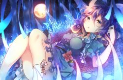 Rule 34 | 1girl, asada sadao, bad id, bad twitter id, blue dress, blue eyes, blue hair, breasts, dress, flower, frilled skirt, frills, full moon, hair rings, highres, kaku seiga, looking at viewer, lying, matching hair/eyes, moon, night, night sky, ofuda, on back, open clothes, open mouth, open vest, puffy short sleeves, puffy sleeves, short sleeves, skirt, sky, solo, star (sky), starry sky, touhou, vest