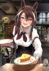 Rule 34 | 1girl, :d, animal ears, arm garter, arm strap, black neckwear, black skirt, blouse, blush, bottle, breasts, brick wall, brown hair, buttons, cafe, character request, collared shirt, commentary request, cupboard, food, hair between eyes, high-waist skirt, highres, holding, holding plate, horse ears, horse girl, large breasts, long hair, long sleeves, looking at viewer, multicolored hair, open mouth, outstretched arm, plant, plate, reaching, reaching towards viewer, red eyes, shirt, shortcake, sidelocks, skirt, smile, solo, streaked hair, syuri22, table, two-tone hair, umamusume, waitress, white hair, white shirt, wing collar