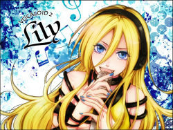 Rule 34 | 1girl, blonde hair, blue eyes, headphones, lily (vocaloid), long hair, microphone, miyoshi (m178), musical note, solo, vocaloid