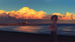Rule 34 | 1girl, blue skirt, blue sky, cloud, commentary request, container ship, crane (machine), green shirt, harbor, highres, holding, holding paper airplane, long skirt, looking at viewer, ocean, original, outdoors, paper airplane, scenery, ship, shipping container, shirt, shore, short hair, short sleeves, skirt, sky, smile, solo, standing, water, watercraft, yuhack