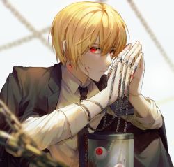 Rule 34 | 1boy, black coat, black necktie, blonde hair, blood, blood on face, blood on hands, blurry, chain, coat, depth of field, earrings, expressionless, eyeball, hair between eyes, hunter x hunter, jewelry, kurapika, looking at viewer, male focus, mmo (mmo omm938), necktie, own hands together, red eyes, ring, rust, solo, sparkle, thumb ring