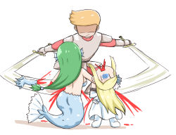 Rule 34 | 1boy, 2girls, :d, armor, ass, bad id, bad pixiv id, bare shoulders, blonde hair, blood, blood from mouth, blue eyes, blush, bound, bound arms, breasts, collarbone, comic, crown, disembodied limb, dress, dual wielding, elbow gloves, faceless, faceless male, fins, gauntlets, gloves, green hair, greenteaneko, groin, hair between eyes, head fins, highres, holding, holding sword, holding weapon, jewelry, large breasts, light brown hair, long hair, long sleeves, medium breasts, mermaid, mini crown, monster girl, multiple girls, necklace, open mouth, original, pantyhose, pearl necklace, pendant, scales, shaded face, silent comic, slashing, smile, spoken object, strapless, strapless dress, sword, tied up (nonsexual), turn pale, very long hair, weapon, webbed hands, white background, white dress, white gloves, white legwear, | |