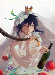 Rule 34 | absurdres, alcohol, androgynous, apple, black hair, blue hair, bottle, braid, bridal veil, collared shirt, crown, cup, drinking glass, flower, food, frilled sleeves, frills, fruit, gender request, genshin impact, gradient hair, grapes, green eyes, hair flower, hair ornament, highres, holding, holding another&#039;s hair, holding bottle, jewelry, leaf, long sleeves, male focus, multicolored hair, open mouth, orange hair, ring, shirt, short hair with long locks, sidelocks, simple background, smile, straw ye, twin braids, veil, venti (genshin impact), wedding ring, white background, white flower, white shirt, wine, wine bottle, wine glass