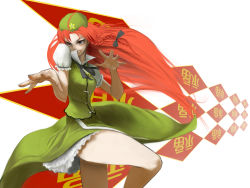 Rule 34 | 1girl, bad id, bad pixiv id, beret, bow, braid, china dress, chinese clothes, dress, female focus, fighting stance, hair bow, hat, hong meiling, long hair, red hair, smile, solo, embodiment of scarlet devil, touhou, yama