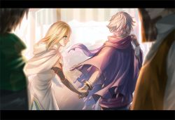 Rule 34 | 1boy, 1girl, blonde hair, cape, dress, gloves, hair over one eye, holding hands, jewelry, letterboxed, long hair, octopath traveler, octopath traveler i, open mouth, ophilia (octopath traveler), short hair, simple background, smile, therion (octopath traveler), white hair, yuzuponza