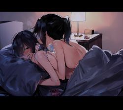 Rule 34 | 2girls, 3d6eda, back, bed, bed sheet, bedroom, blowing in ear, blue hair, commentary request, hair between eyes, hibike! euphonium, indoors, kasaki nozomi, lamp, letterboxed, liz to aoi tori, long hair, lying, multiple girls, nightstand, nude, on stomach, yoroizuka mizore, yuri