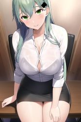 Rule 34 | 1girl, aqua hair, black skirt, blush, breasts, cleavage, collarbone, green eyes, hair ornament, hairclip, highres, kantai collection, large breasts, long hair, looking at viewer, office lady, pencil skirt, seat, sidelocks, sitting, skirt, smile, solo, suzuya (kancolle), table, ton ton tontoro, wide hips
