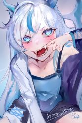 Rule 34 | 1boy, :d, blue eyes, blue hair, blush, commission, fangs, finger in own mouth, horns, indie virtual youtuber, long hair, looking at viewer, male focus, mile (off8mile), mouth pull, multicolored hair, open mouth, skeb commission, smile, solo, tongue, tongue out, trap, valtameri via, virtual youtuber, white hair