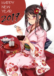 Rule 34 | 1girl, 2019, absurdres, arrow (projectile), bowl, brown hair, chinese zodiac, chopsticks, commentary request, cup, eating, ema, floral print, flower, hair flower, hair ornament, hair ribbon, hamaya, hand up, happy new year, highres, holding, holding bowl, holding chopsticks, japanese clothes, kanzashi, kikumon, kimono, long hair, long sleeves, looking at viewer, maki (maki pei), new year, obi, one side up, original, pink kimono, print kimono, purple eyes, red flower, ribbon, sash, sidelocks, sitting, solo, steam, swept bangs, teapot, tray, white flower, wide sleeves, year of the pig