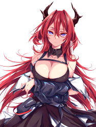 Rule 34 | 1girl, arknights, arms under breasts, bare shoulders, black collar, black dress, black jacket, blush, breasts, cleavage, collar, commentary request, demon horns, detached collar, dress, highres, horns, id card, jacket, large breasts, long hair, looking at viewer, off shoulder, open clothes, open jacket, purple eyes, red hair, simple background, solo, surtr (arknights), suterii, upper body, white background