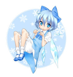 Rule 34 | 1girl, :3, bad id, bad pixiv id, bloomers, blue eyes, blue hair, bobby socks, bow, bowtie, child, cirno, dress, jigatei (omijin), mary janes, matching hair/eyes, paw pose, shoes, snowflakes, socks, solo, tongue, touhou, underwear, white socks, wings
