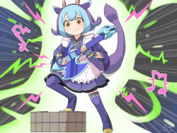 Rule 34 | 1girl, absurdres, apron, blue footwear, blue gloves, blue hair, blue kimono, blunt bangs, blush, boots, brown eyes, closed mouth, commentary request, dragon girl, dragon horns, dragon tail, dragonmaid (yu-gi-oh!), duel monster, electric guitar, fingerless gloves, full body, gameplay mechanics, gloves, guitar, highres, holding, holding instrument, horns, instrument, japanese clothes, kimono, lace-trimmed apron, lace trim, laundry dragonmaid, leg up, leto mume, long sleeves, looking down, maid, maid apron, multicolored hair, music, musical note, playing instrument, short hair, sidelocks, signature, smile, solo, standing, tail, thigh boots, thighhighs, twitter username, wa maid, washtub, yu-gi-oh!, zettai ryouiki
