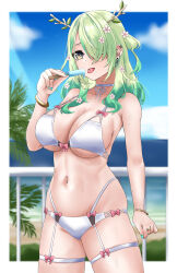 Rule 34 | 1girl, absurdres, aidoruhakase, antlers, beach, bikini, blue sky, border, bracelet, breasts, ceres fauna, choker, commentary, ear piercing, earrings, english commentary, flower, food, gradient hair, green hair, green nails, hair flower, hair ornament, highres, holding, holding food, holding popsicle, hololive, hololive english, horns, jewelry, large breasts, legwear garter, mole, mole under eye, multicolored hair, neck ribbon, piercing, popsicle, railing, ribbon, ring, see-through, sky, solo, swimsuit, tongue, tongue out, tongue piercing, underboob, virtual youtuber, water, white bikini, white border, white ribbon