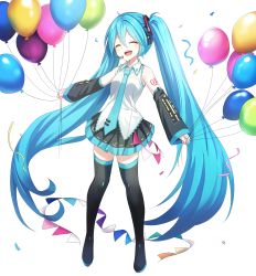 Rule 34 | 1girl, :d, absurdres, balloon, black skirt, black thighhighs, blue hair, blue necktie, detached sleeves, facing viewer, full body, hatsune miku, headset, highres, ille (xcpa7325), long hair, necktie, number tattoo, open mouth, shirt, simple background, skirt, smile, solo, tattoo, thighhighs, very long hair, vocaloid, white background, white shirt