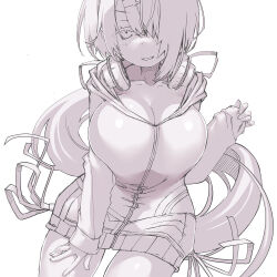 Rule 34 | 1girl, breasts, cleavage, collarbone, commentary request, greyscale, hair ornament, hair over one eye, hair ribbon, hairclip, headphones, headphones around neck, highres, hood, hood down, hooded jacket, jacket, large breasts, long hair, long sleeves, looking at viewer, monochrome, nijisanji, ribbon, sakuya tsuitachi, shiina yuika, simple background, sleeves past wrists, smile, solo, very long hair, virtual youtuber, white background
