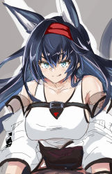 Rule 34 | 1girl, animal ears, arknights, bare shoulders, black hair, blaze (arknights), blue eyes, cat ears, cat girl, closed mouth, hairband, highres, jacket, licking lips, long hair, off shoulder, sketch, smile, solo, tongue, tongue out, white jacket, yu-ves